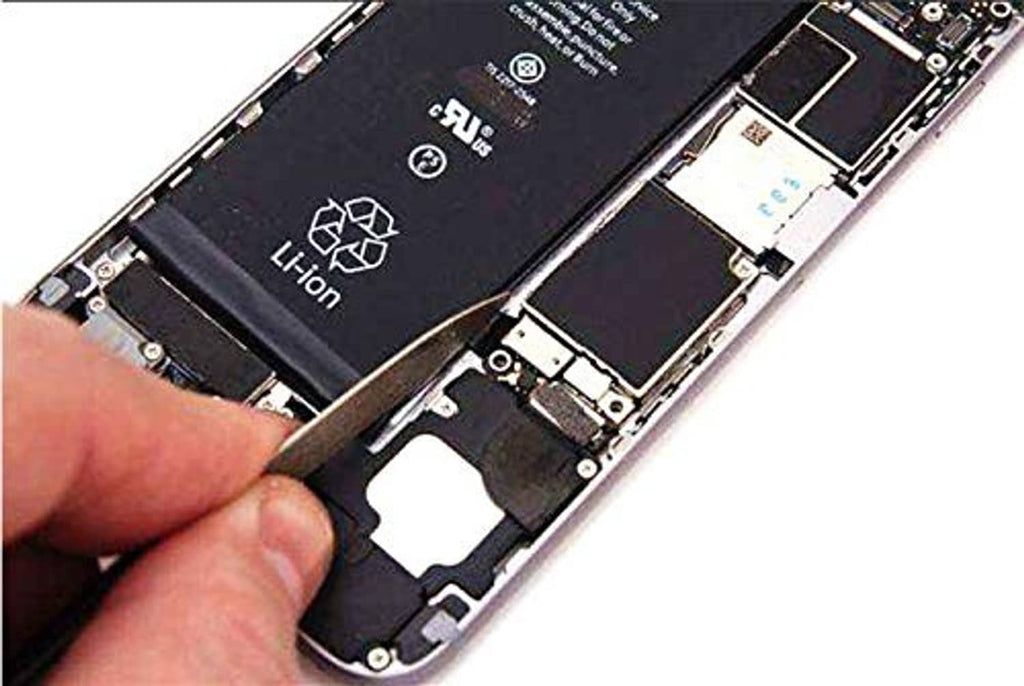Metal prying tool used to lift a smartphone internal component
