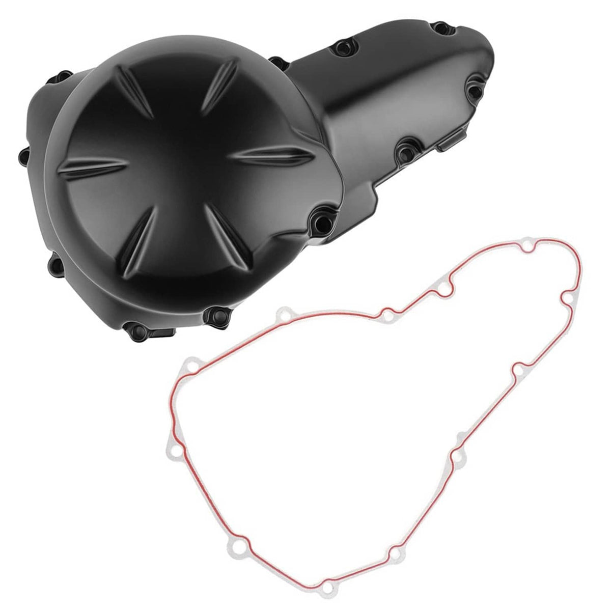 Motorcycle crankcase cover with gasket, black cover with screws and red gasket
