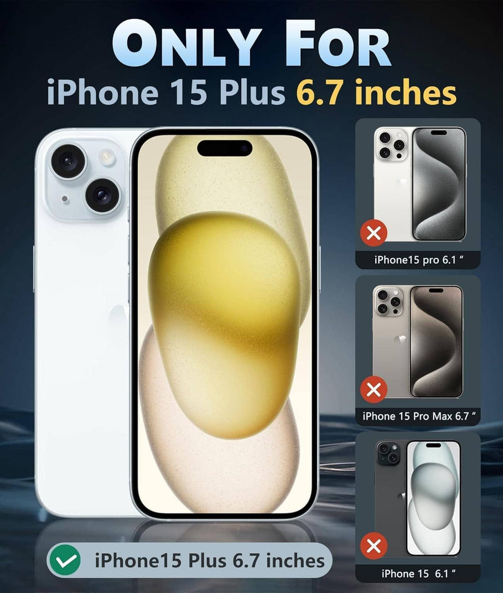 Transparent iPhone 15 Plus case shown on a phone front and back