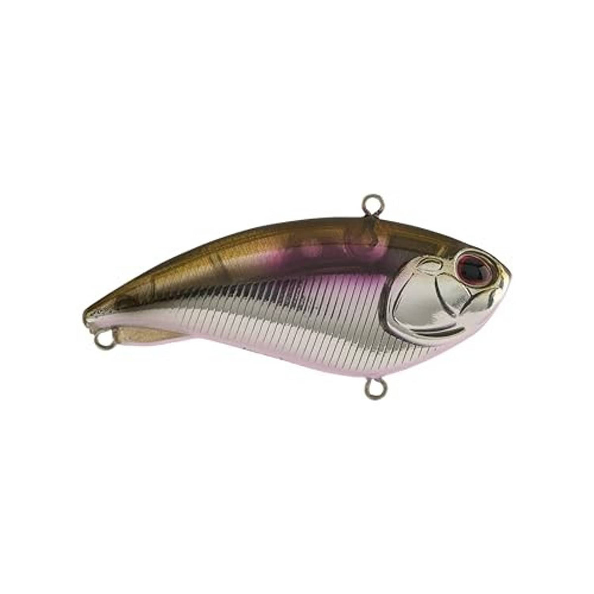 Fishing lure with purple-pink belly, olive back, and two treble hooks