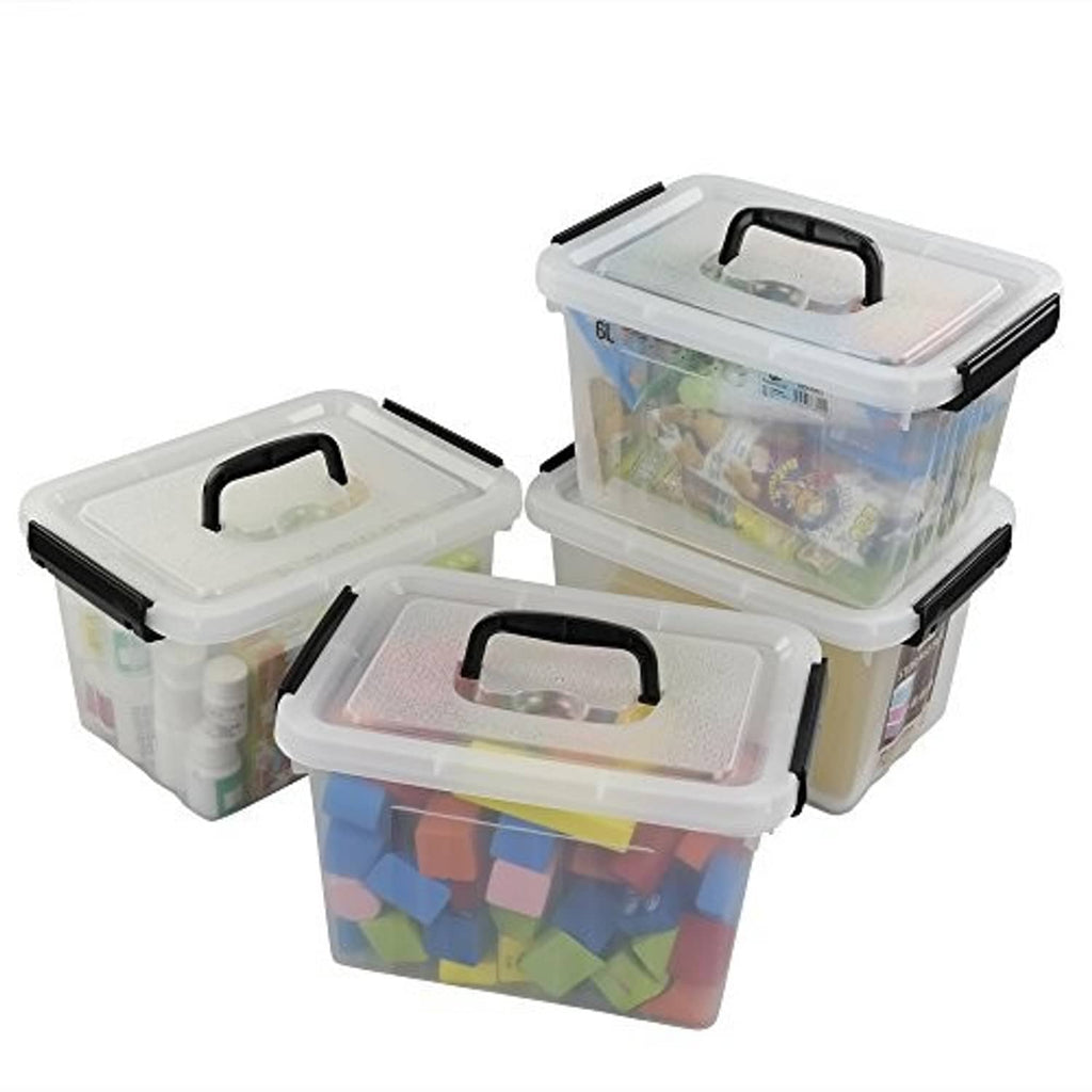 Clear 6-quart storage box with black handle and snap latches, multiple boxes stacked