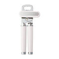 White multifunction can opener with bottle opener, dual handles and top pull ring