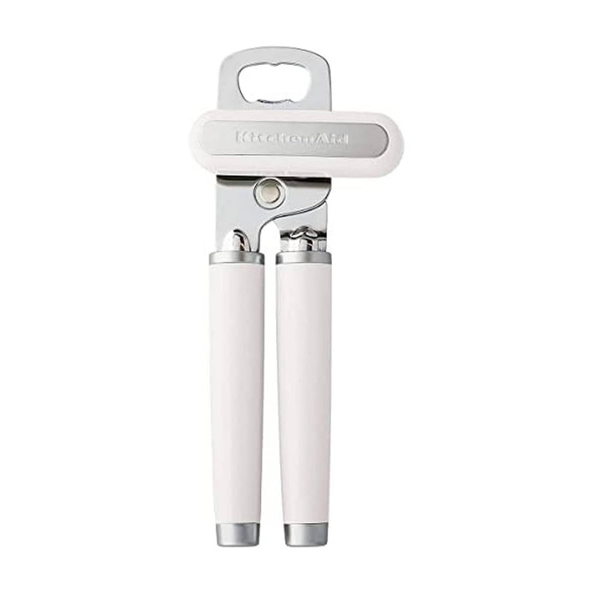 White multifunction can opener with bottle opener, dual handles and top pull ring
