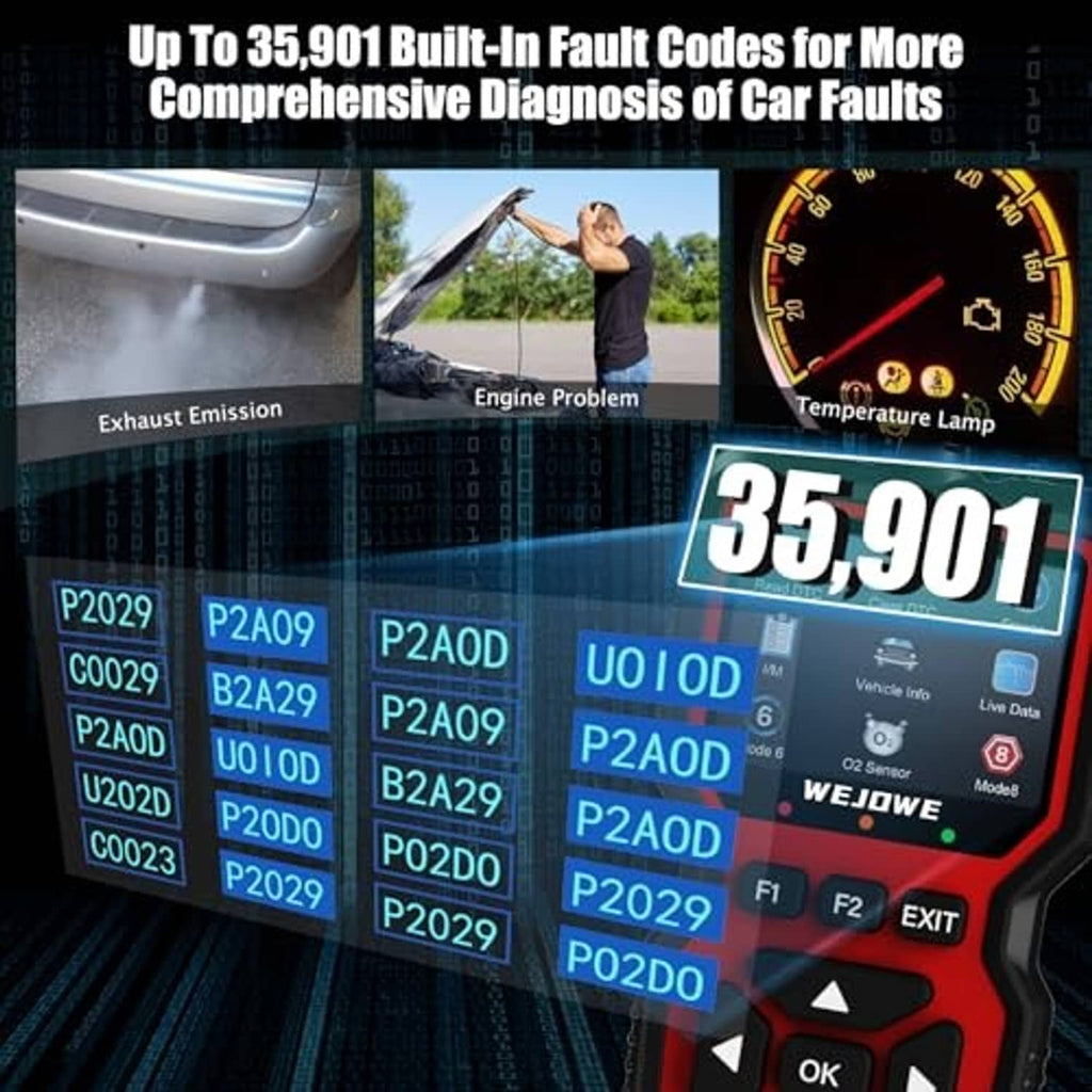 Car OBD2 code reader with red casing, built-in screen, and multi-button keypad