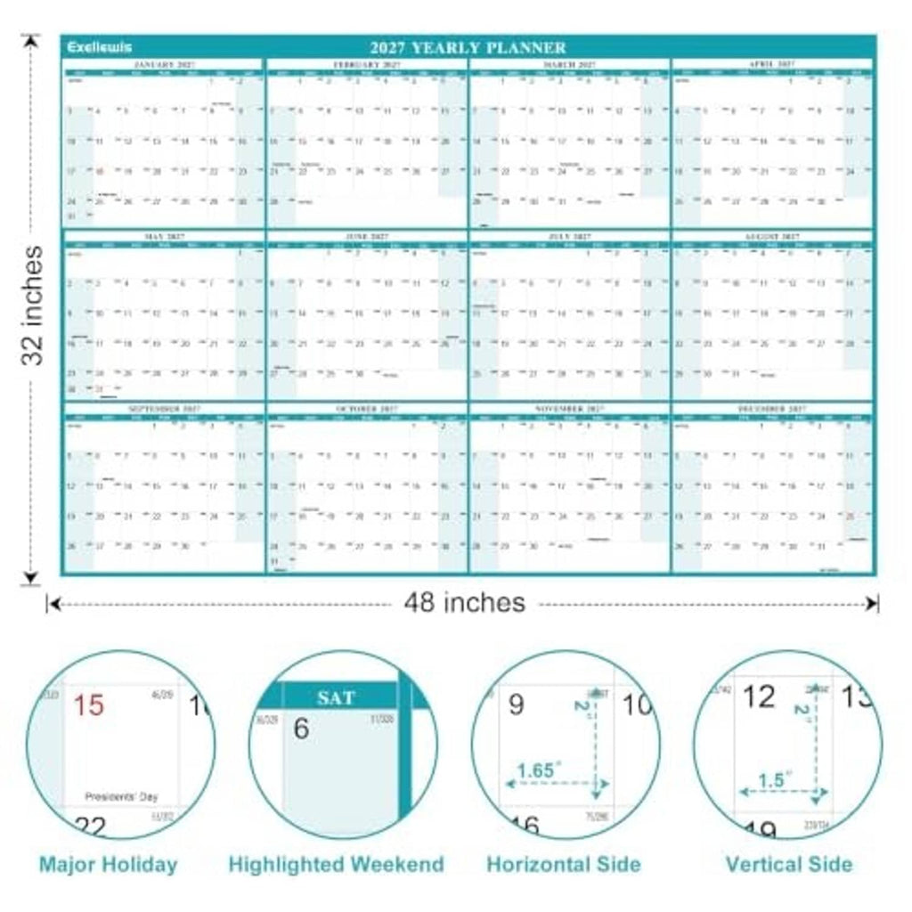 Teal wet/dry erase wall calendar planner with 32 x 48 in dimensions and month boxes