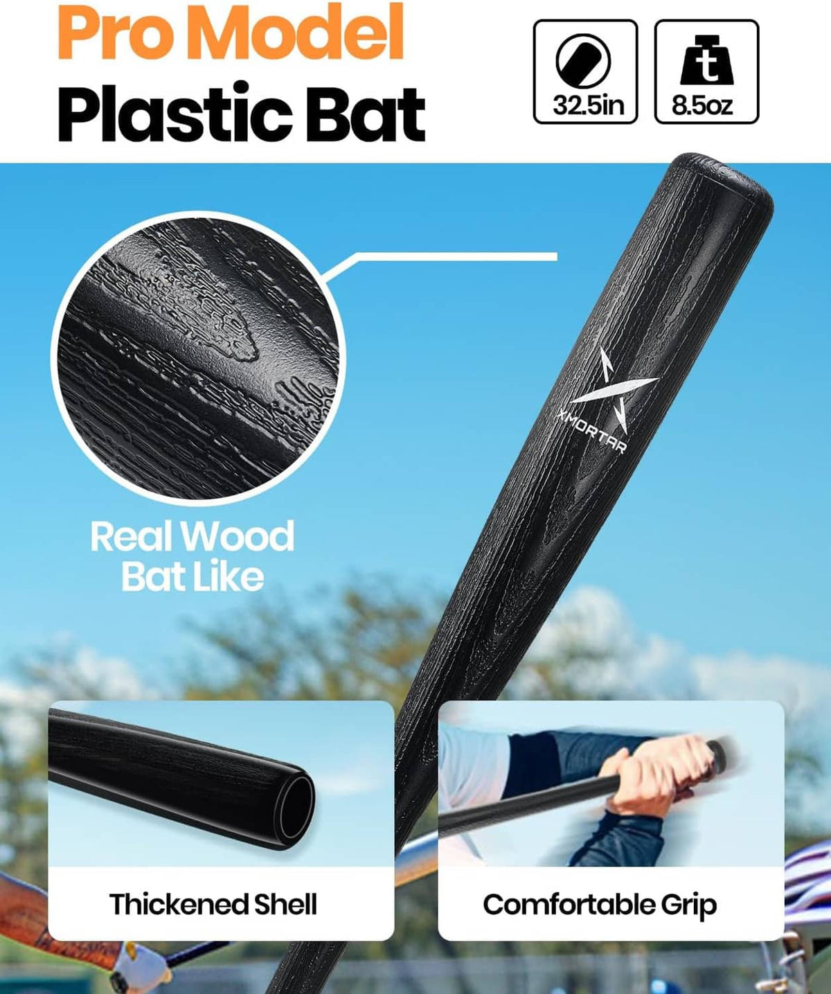 Black plastic pro-model baseball bat with textured grip