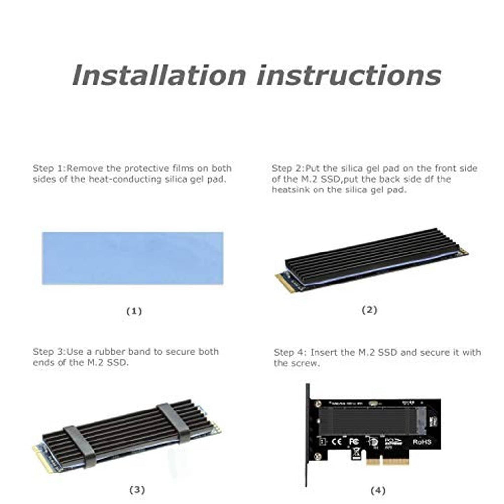 M.2 NVMe to PCIe x4 adapter with ribbed heatsink and thermal pad for installation