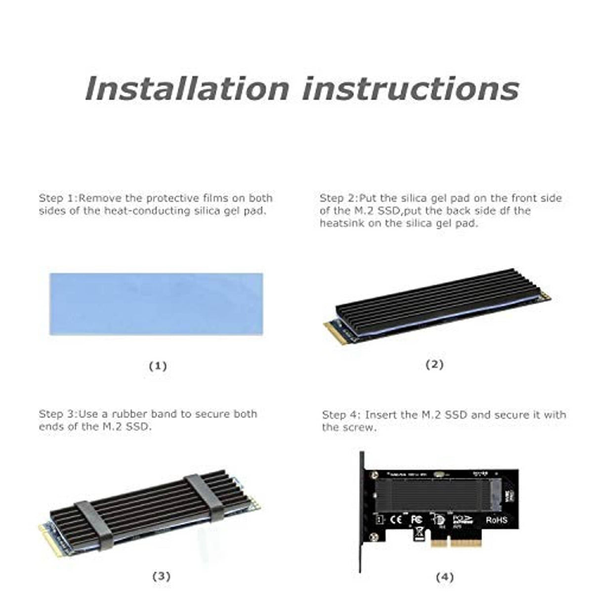 M.2 NVMe to PCIe x4 adapter with ribbed heatsink and thermal pad for installation
