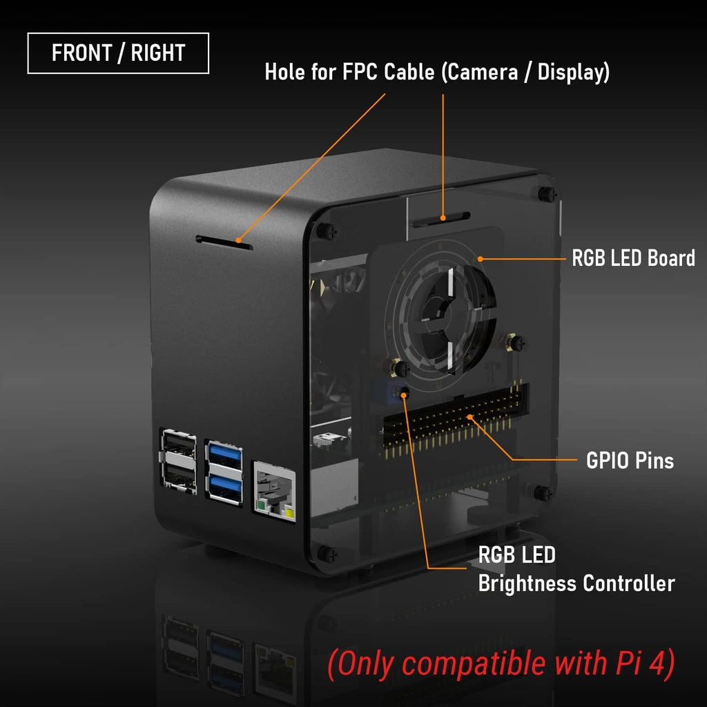 Aluminum Raspberry Pi case with front USB and Ethernet ports and RGB LED board.