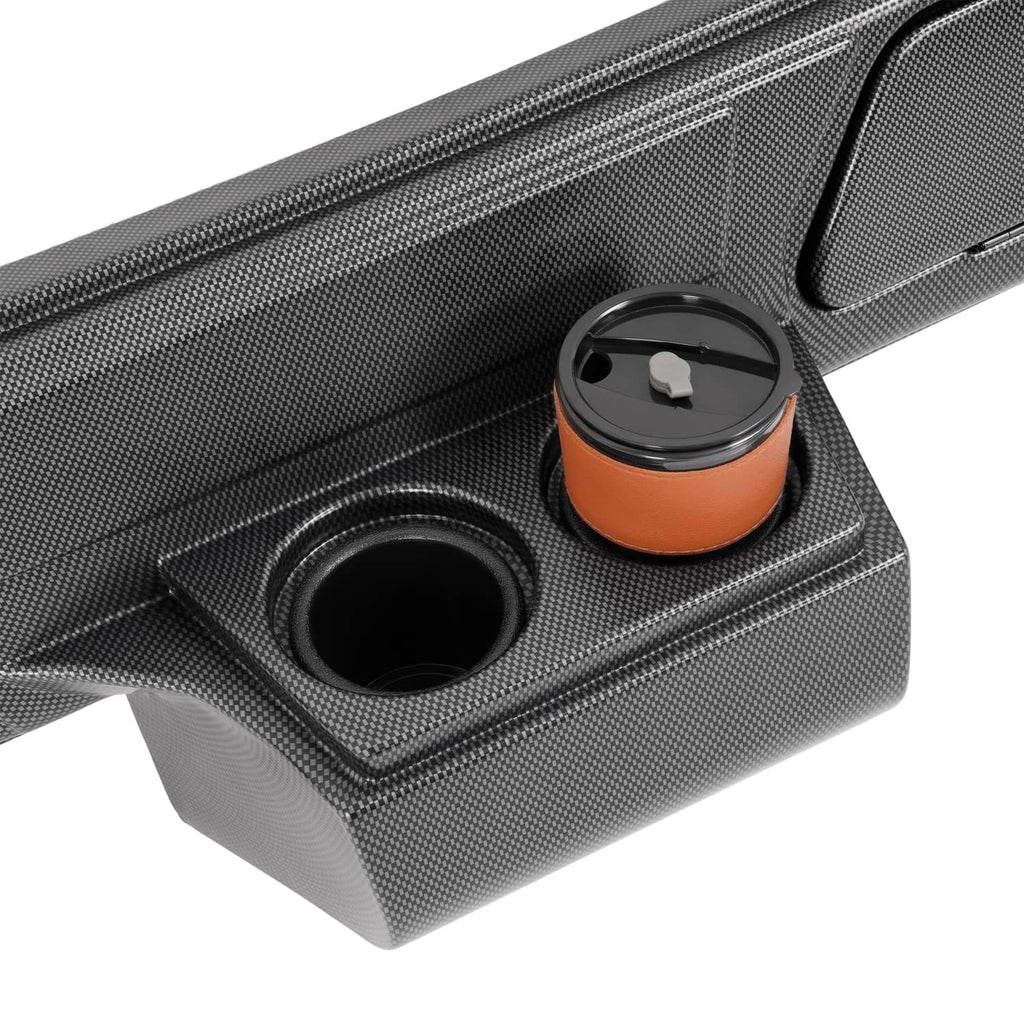 Carbon fiber style dash cover with cup-holder recesses and orange accessory cup
