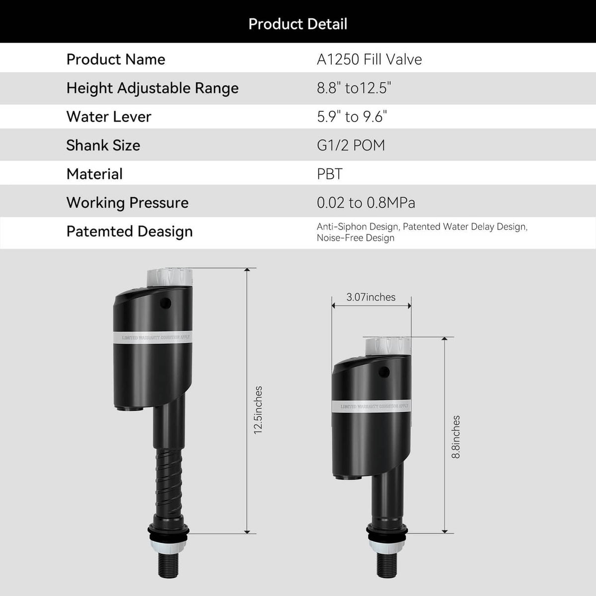 Quiet toilet fill valve product detail graphic with dimensions and materials