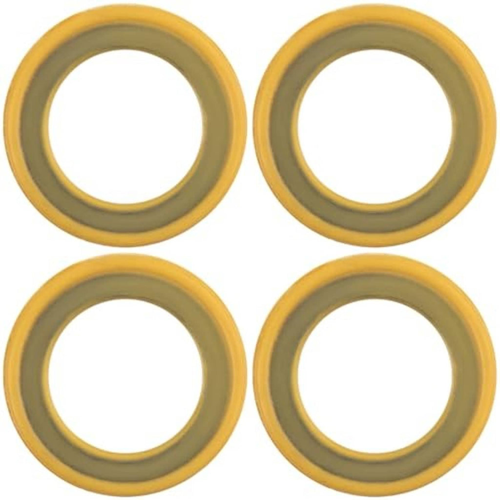 Four round rubber seal gaskets for gearcase drain plug, yellow outer ring with gray center