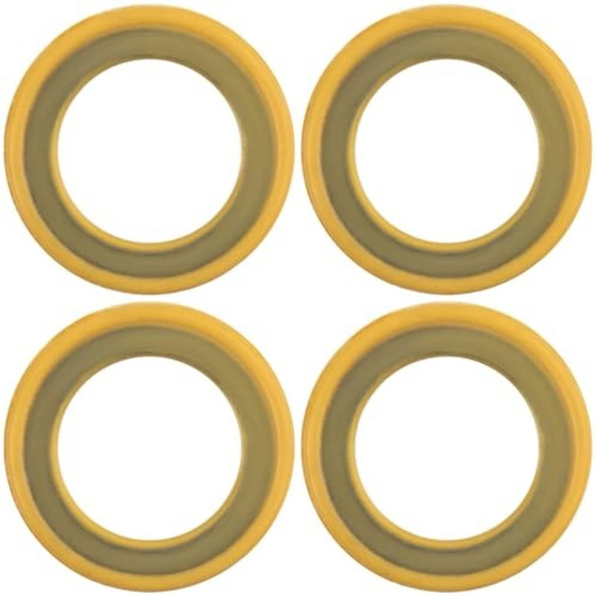 Four round rubber seal gaskets for gearcase drain plug, yellow outer ring with gray center