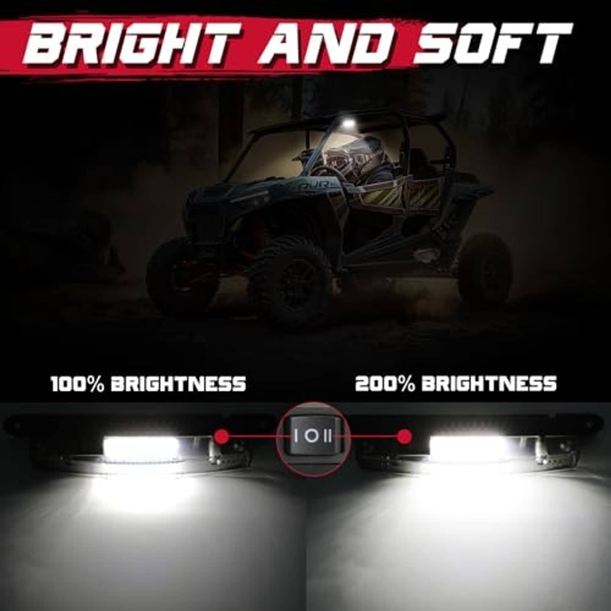 Black LED dome light bar with rows of white LEDs turned on for extra brightness