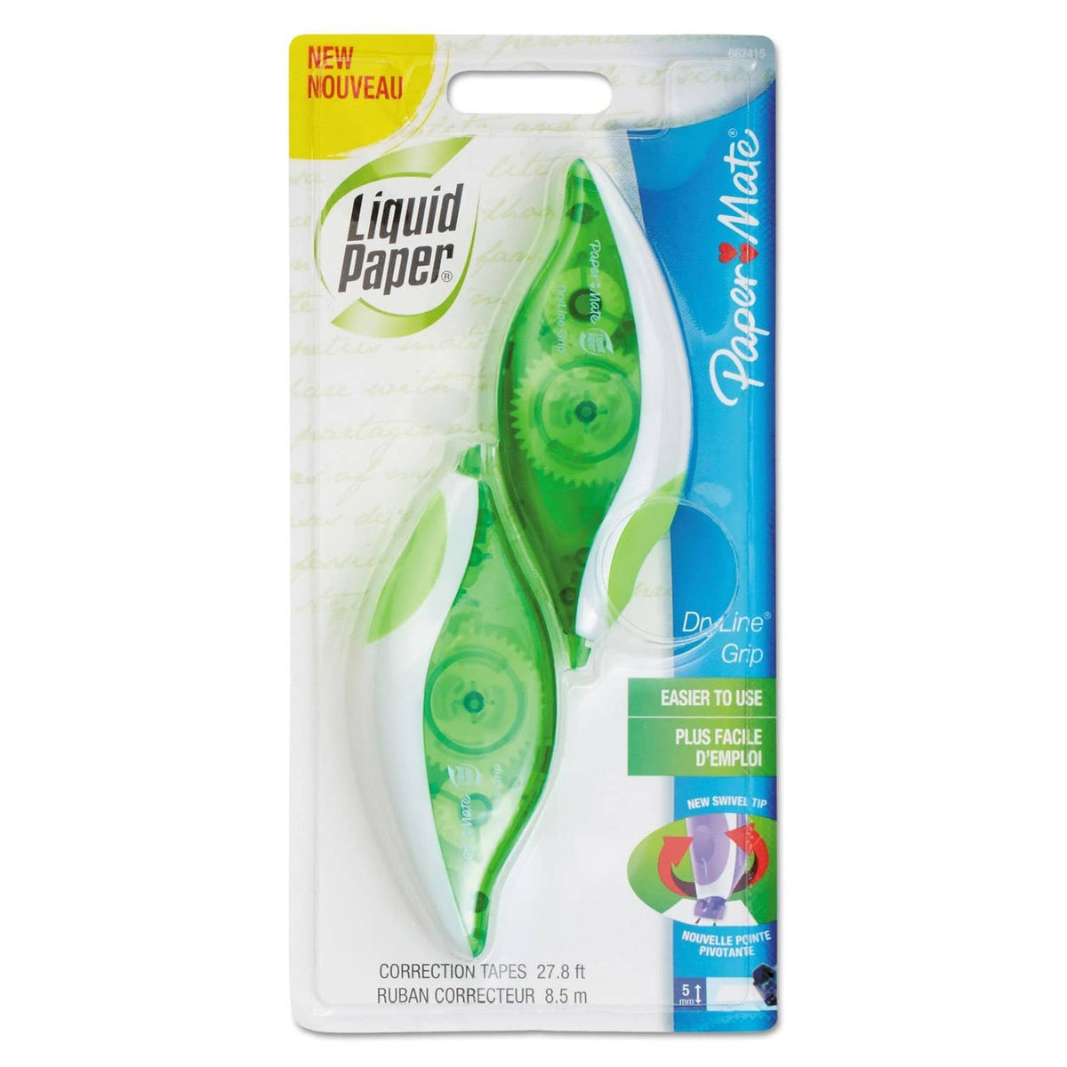 Paper Mate liquid correction tape dispenser, green/white tape in blister package