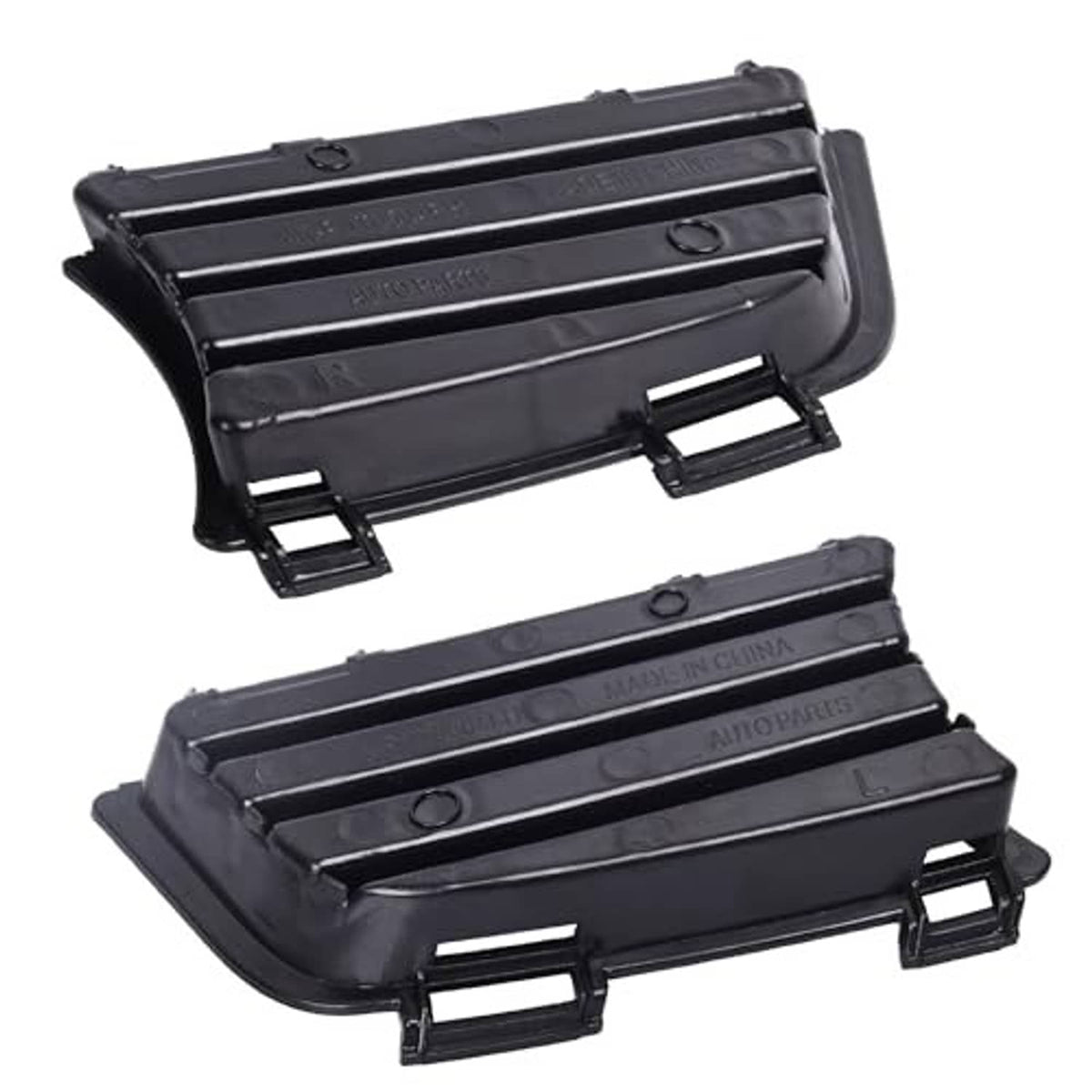 Black fog light grille cover set with curved edges, vertical slots, and mounting tabs