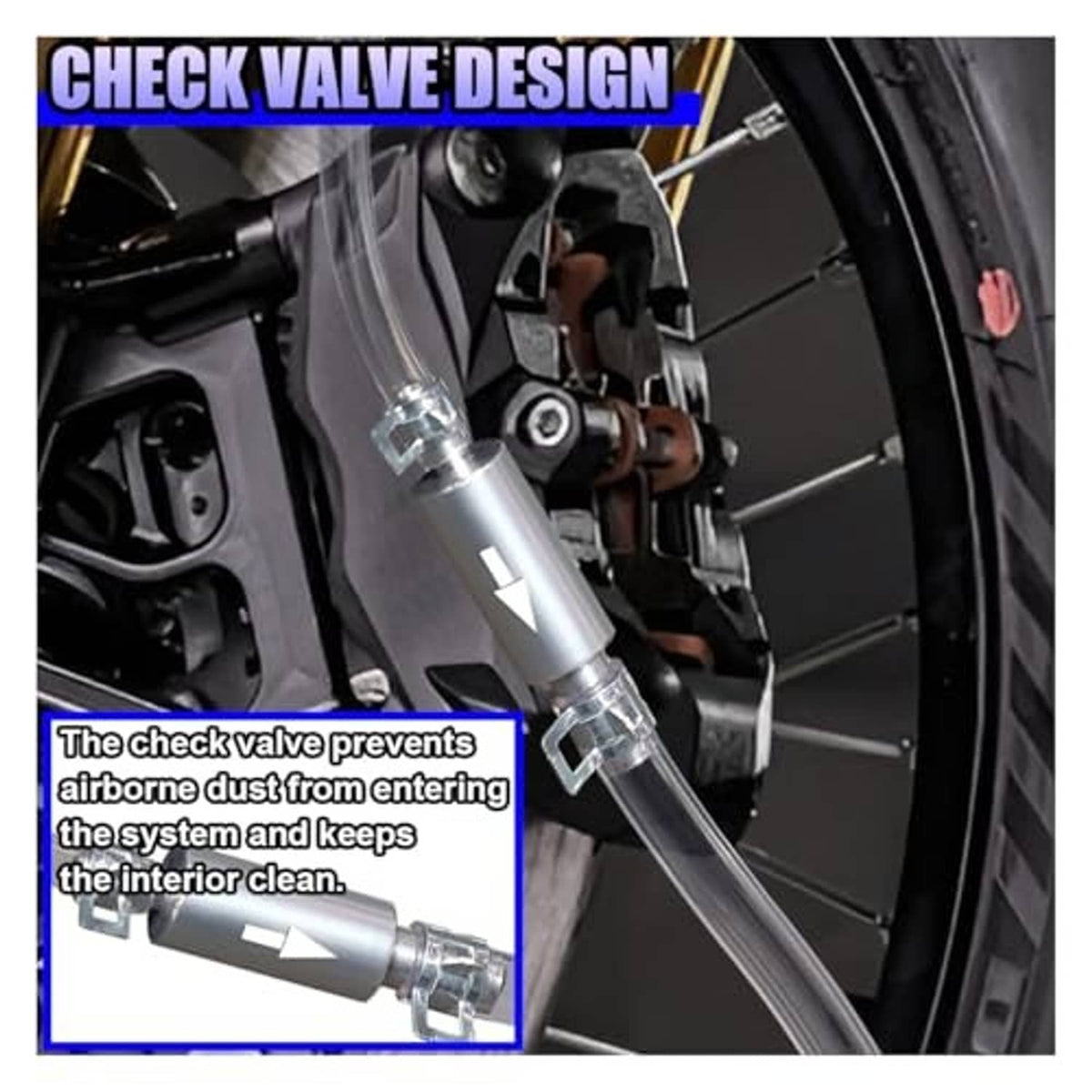 Brake bleeder check valve hose with clear tubing connected to a metal fitting