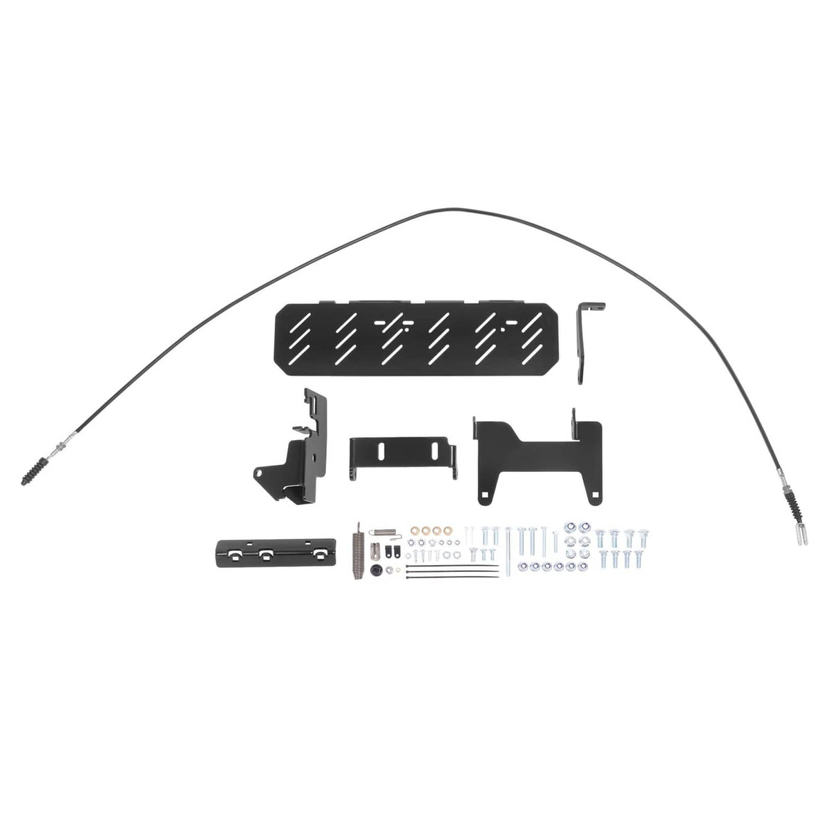 Mower chute blocker kit parts layout with shield, brackets, and assorted hardware