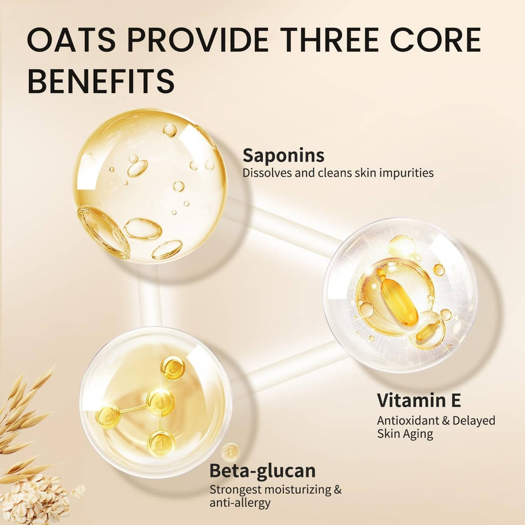 Oat urea cream benefits infographic with vitamin E and beta-glucan bubbles
