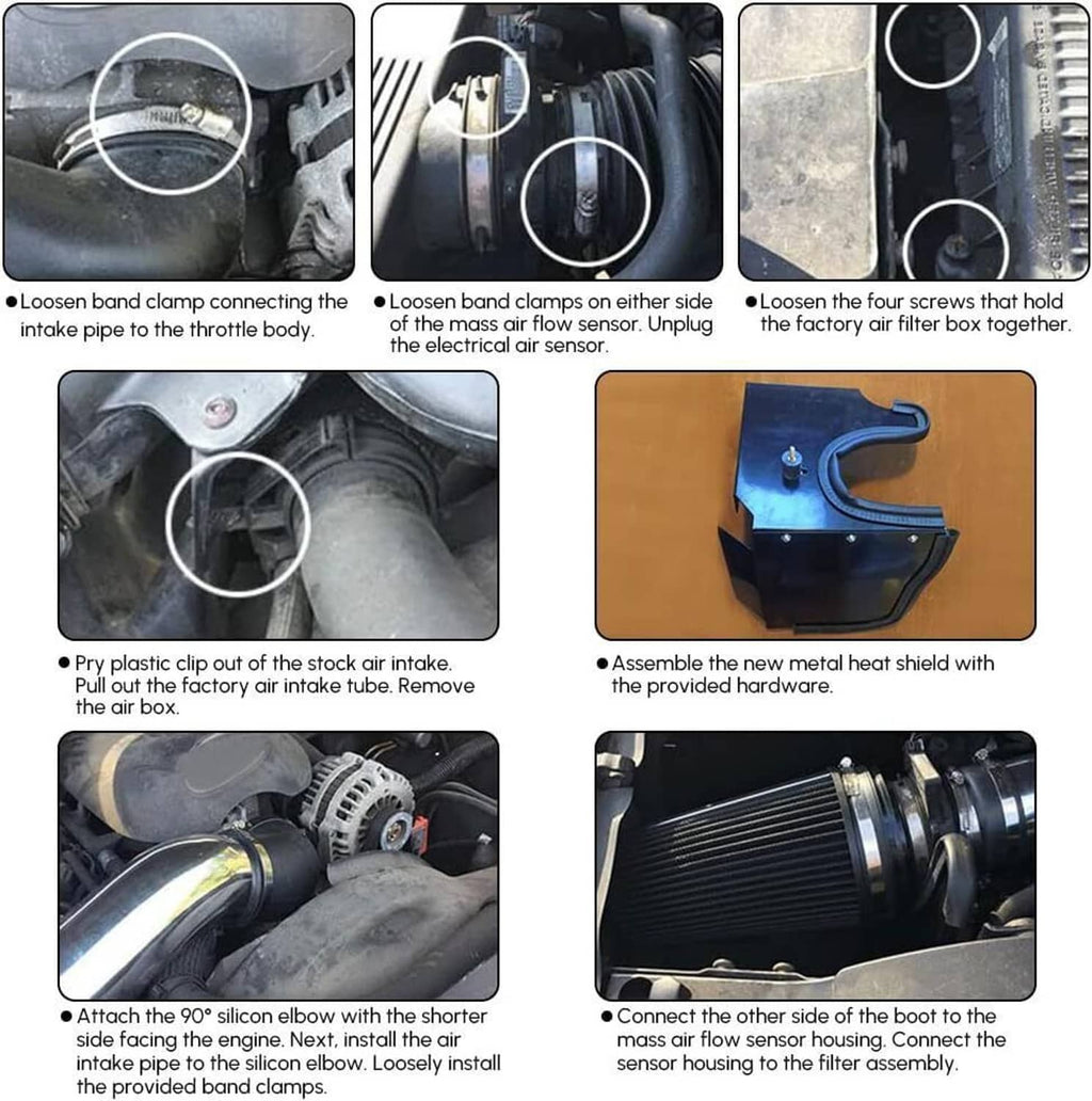 Guide showing intake connection points, sensor routing, and heat shield installation