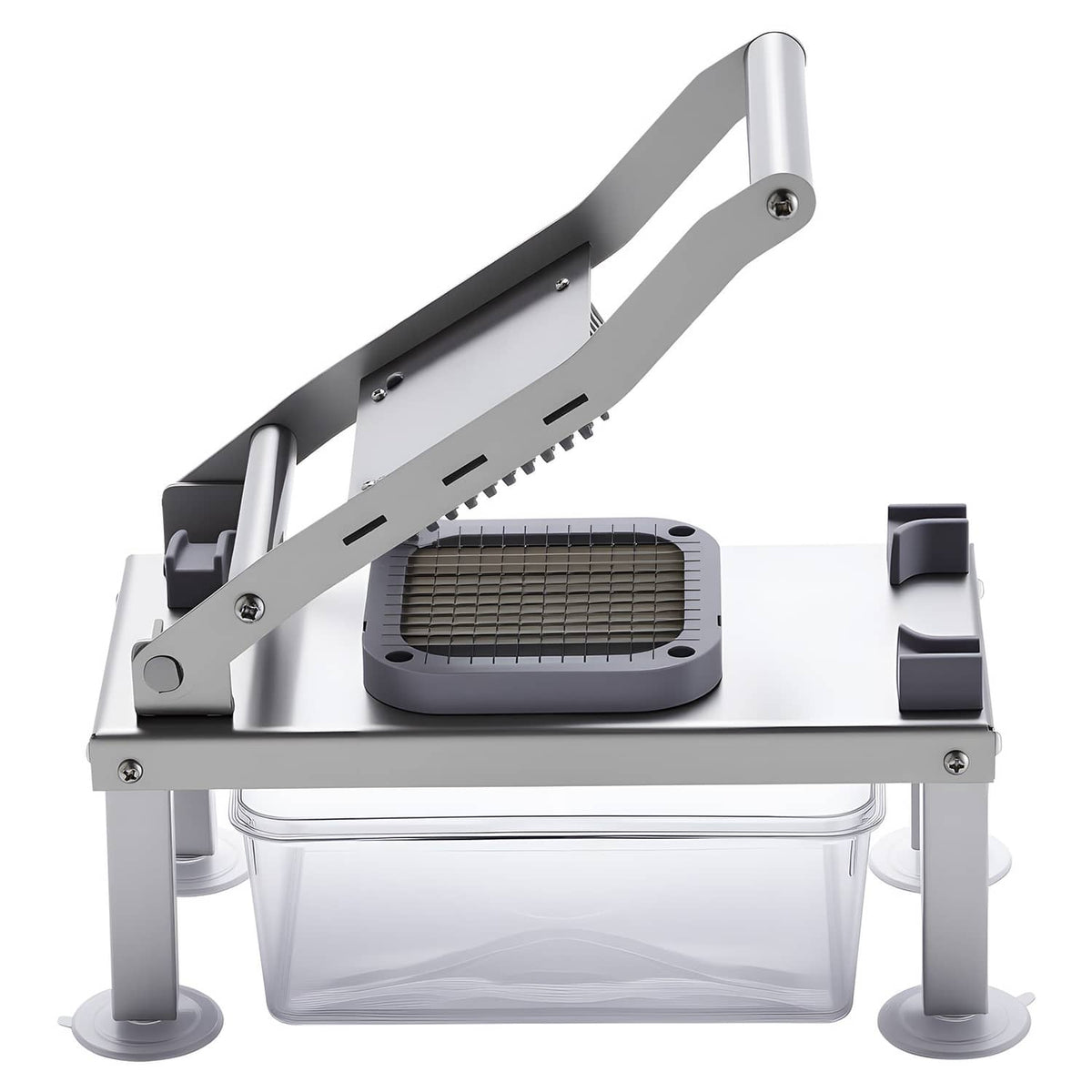 Vegetable chopper slicer with metal frame, handle, and blade holder over clear bin