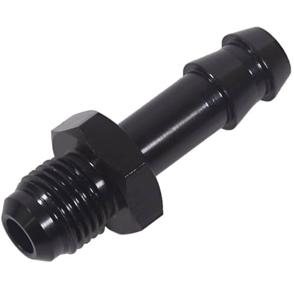 Black straight AN male fitting with external threads and barbed hose end