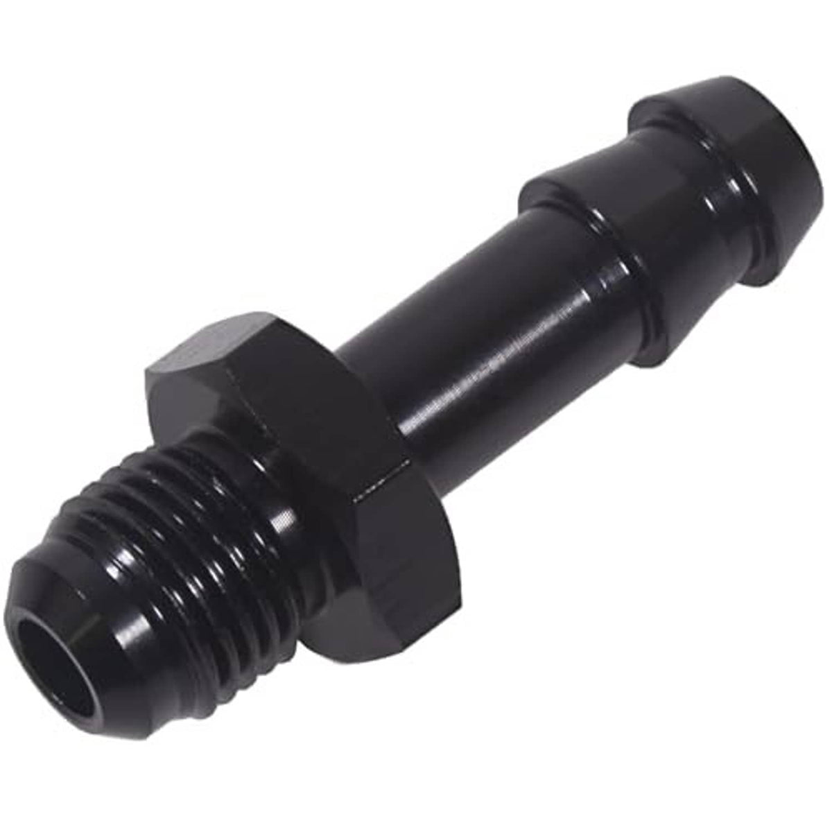 Black straight AN male fitting with external threads and barbed hose end