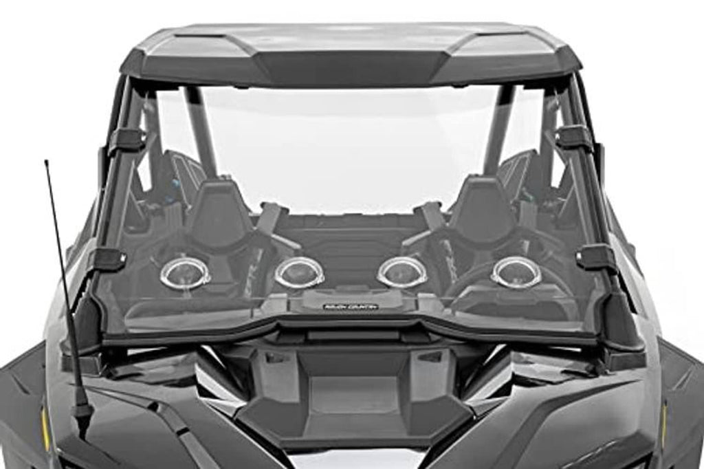 UTV full windshield with clear panel and black frame, mounted above the dashboard