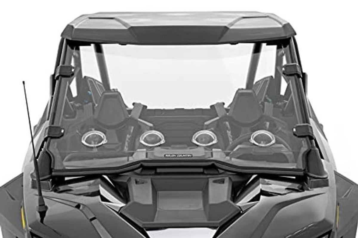 UTV full windshield with clear panel and black frame, mounted above the dashboard