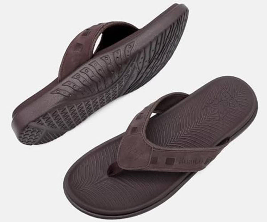Brown thong sandals shown from above and sole side, textured traction pattern