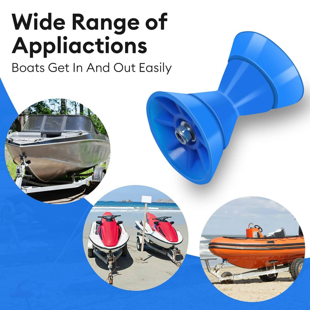Blue boat trailer bow stop roller, front view with mounting hardware