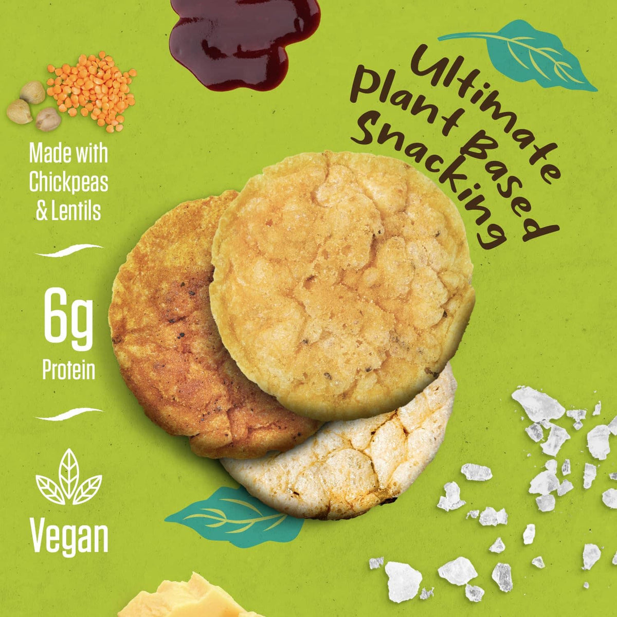 Vegan veggie crisps with 6g protein, stacked chip close-up on a green package scene