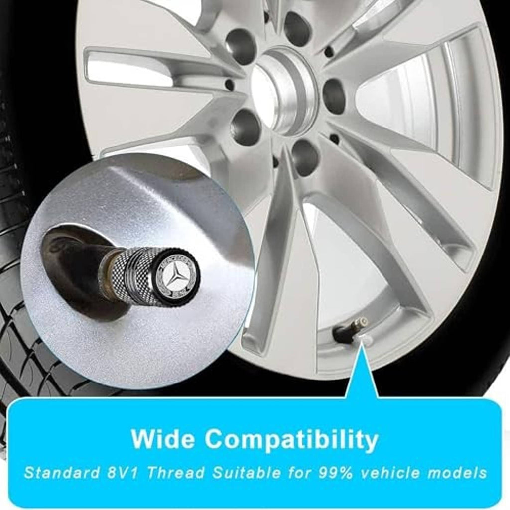 Black textured valve stem cap with Mercedes-Benz logo mounted on a silver alloy wheel