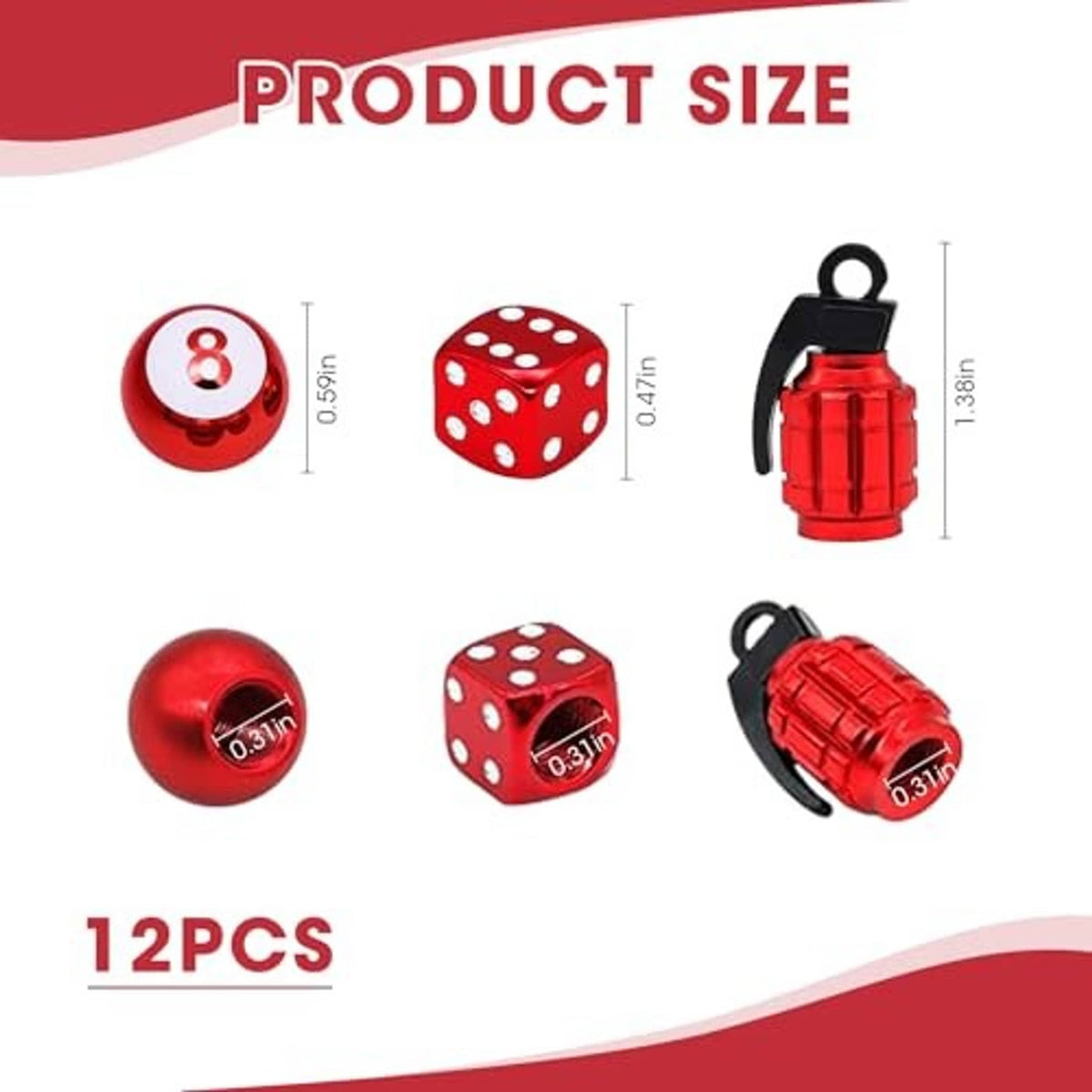 Tire valve stem caps: red “8” and dice tops with black mounts; shown with measurements.