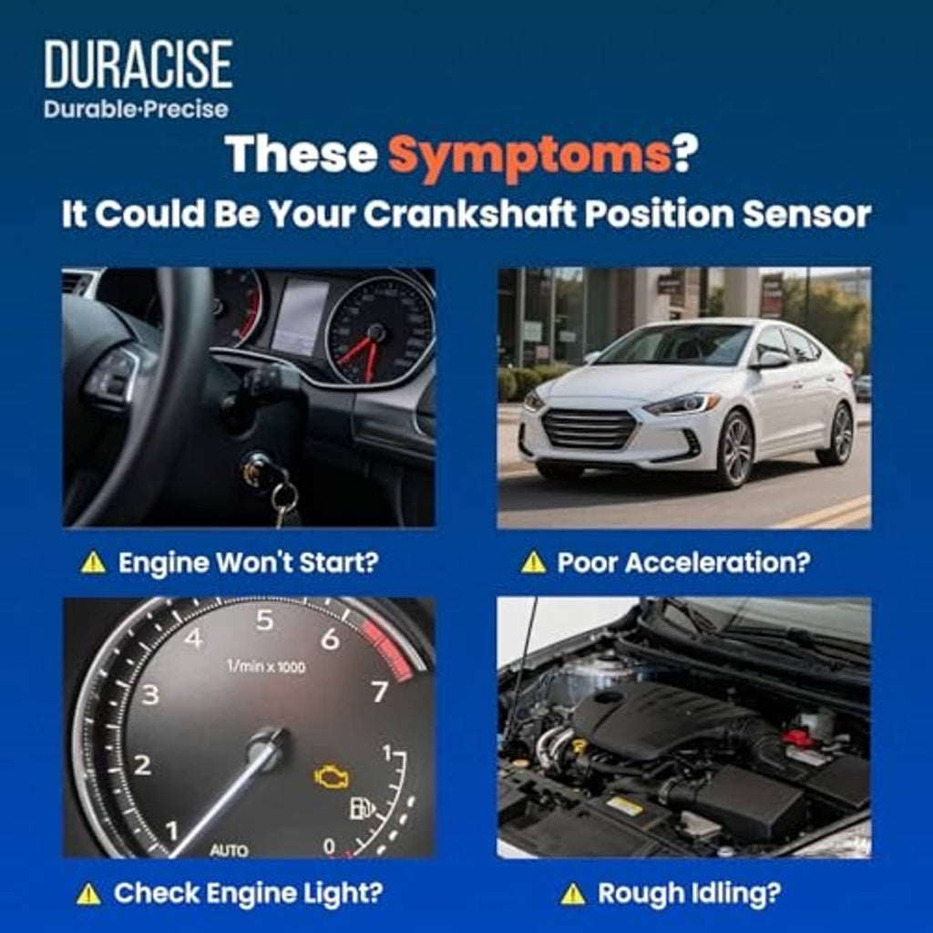 Crankshaft position sensor symptoms chart with vehicle and gauge icons