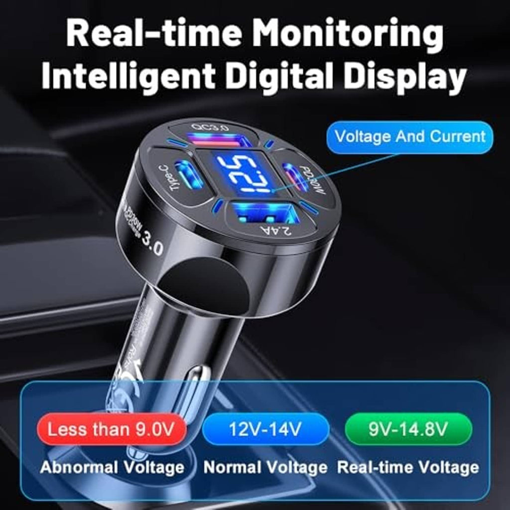Black car USB-C charger with large digital voltmeter LED display and blue indicator lights