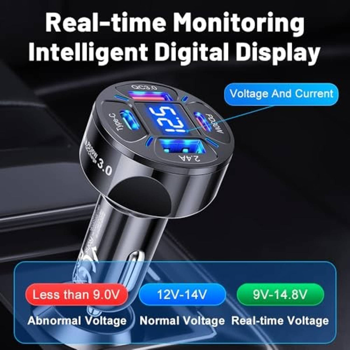 Black car USB-C charger with large digital voltmeter LED display and blue indicator lights