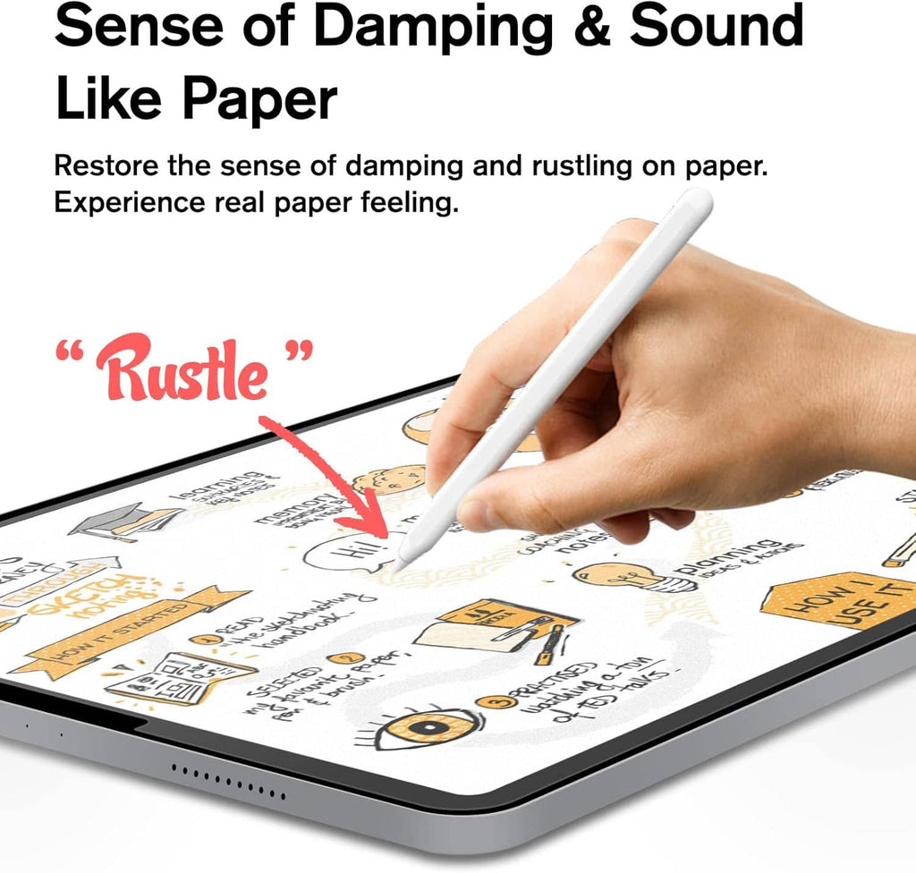 Tablet screen with paper-feel screen protector and stylus writing on it