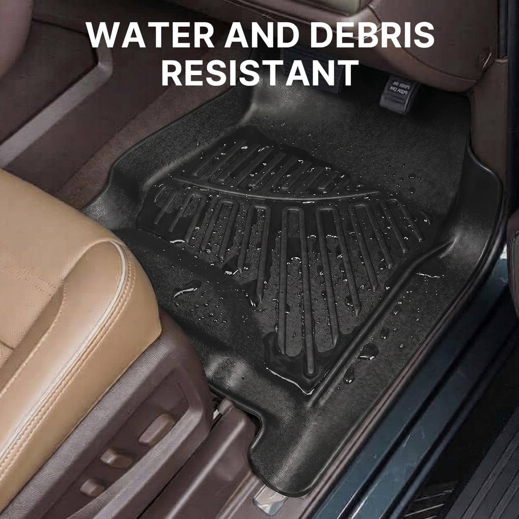Black floor mat liner with raised ridges and water-beading texture in car