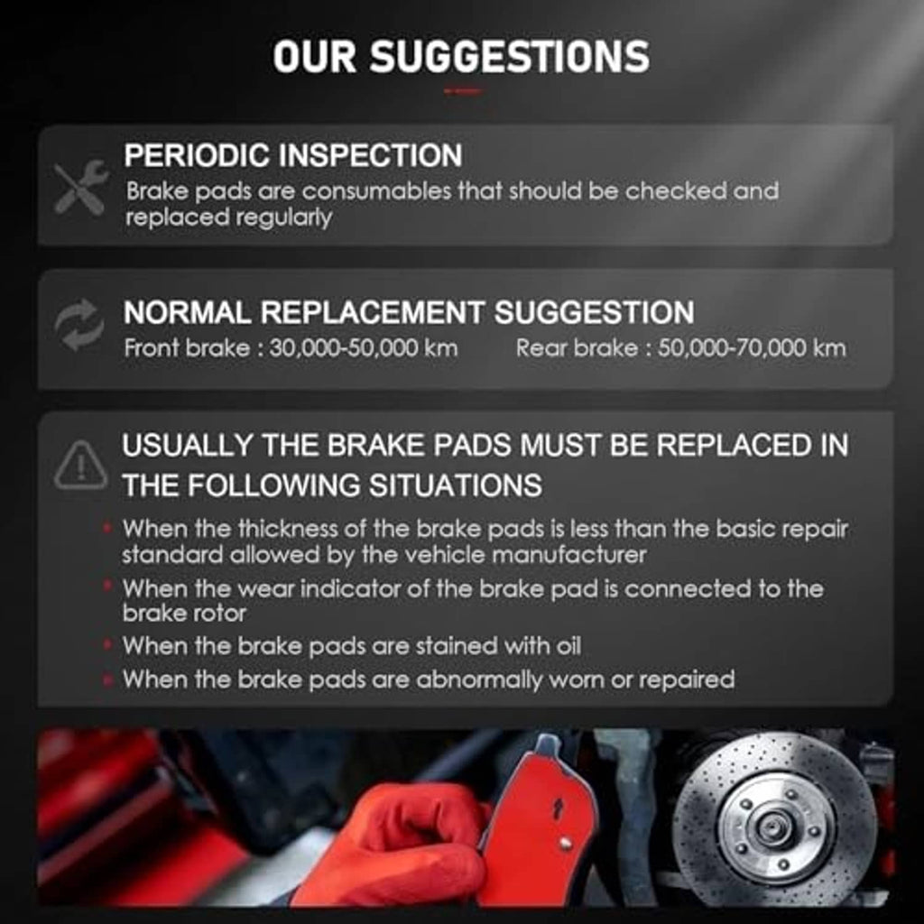 Brake pad replacement tips graphic with brake rotor and caliper area visible