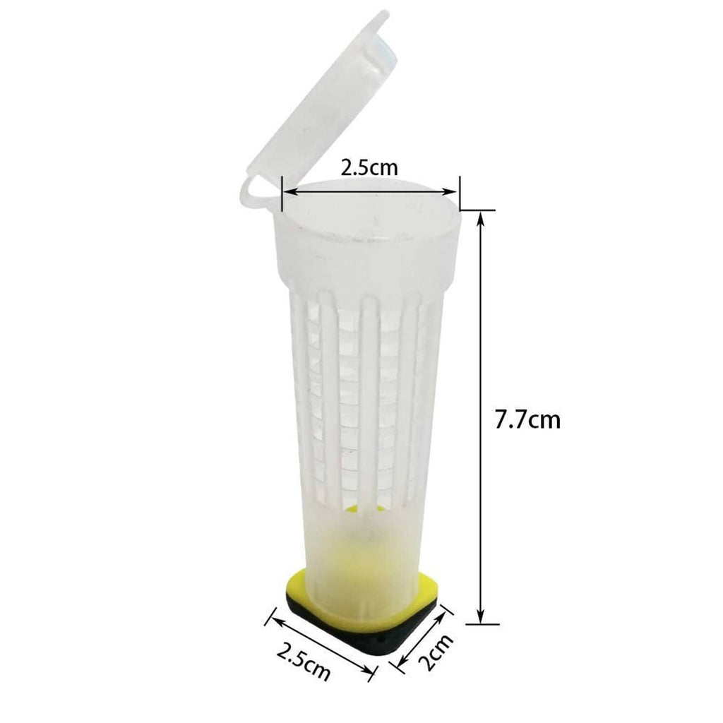 Clear queen bee rearing cup with yellow base, labeled size 7.7 cm