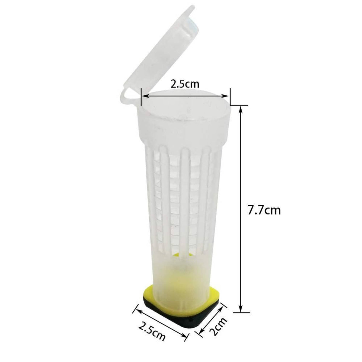 Clear queen bee rearing cup with yellow base, labeled size 7.7 cm