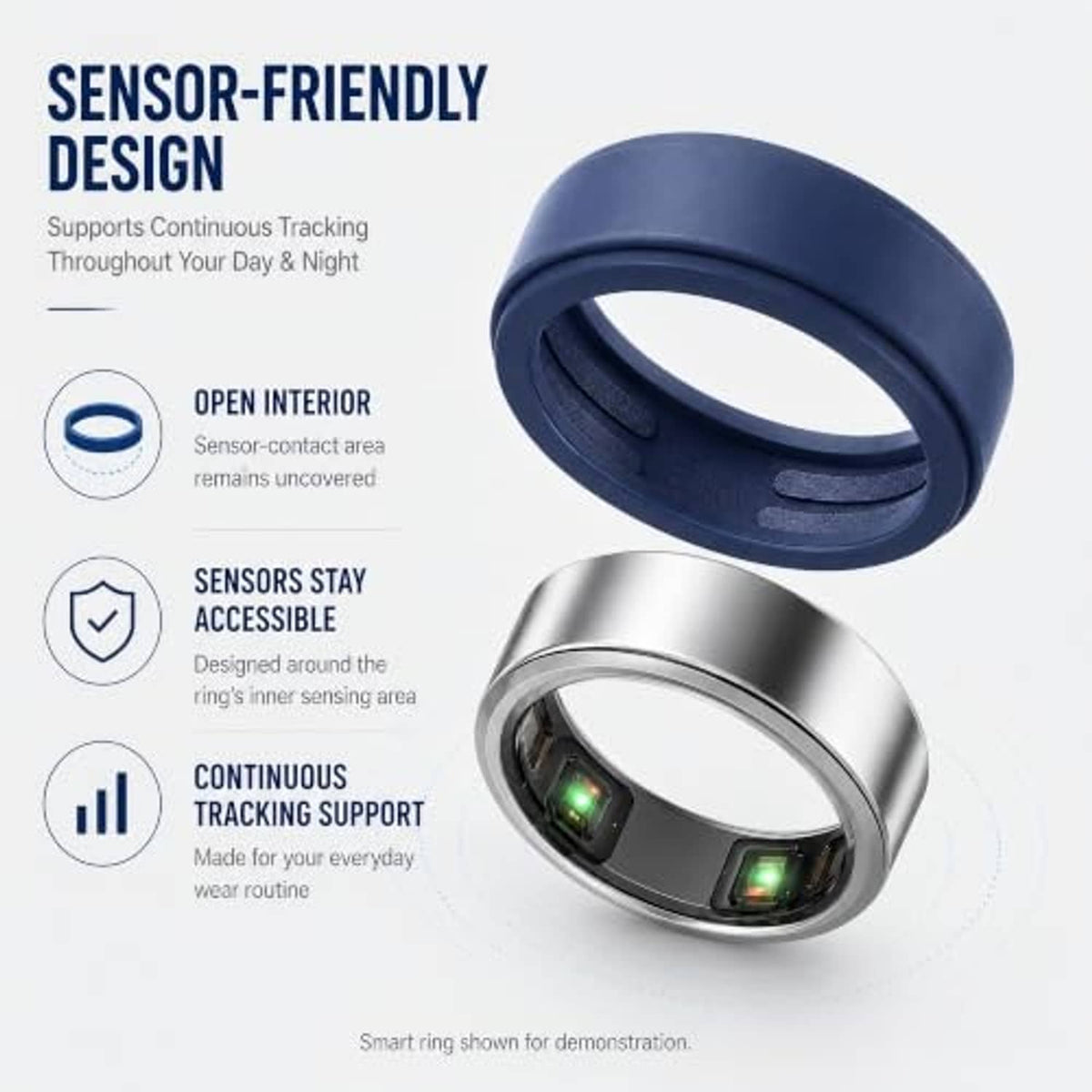 Navy silicone ring cover with open interior over a silver sensor ring.
