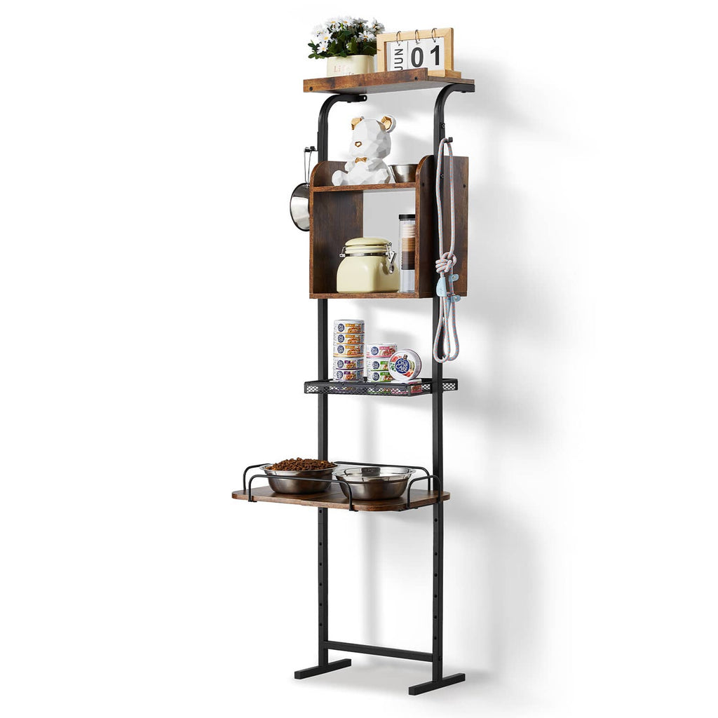 Raised dog feeding station with storage shelves and two-bowl tray, black metal frame, wood panels