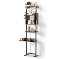 Raised dog feeding station with storage shelves and two-bowl tray, black metal frame, wood panels
