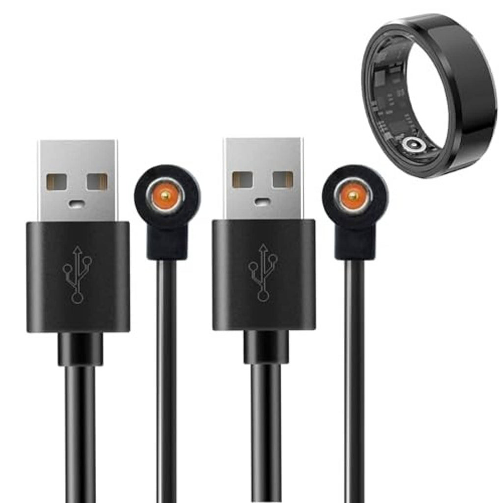 Pair of black USB magnetic ring charger cables with round charging pin ends