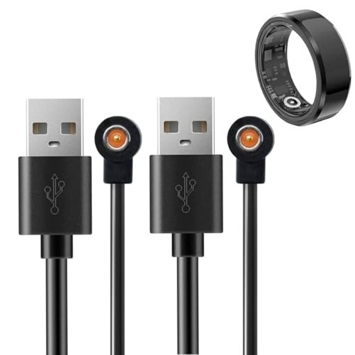 Pair of black USB magnetic ring charger cables with round charging pin ends