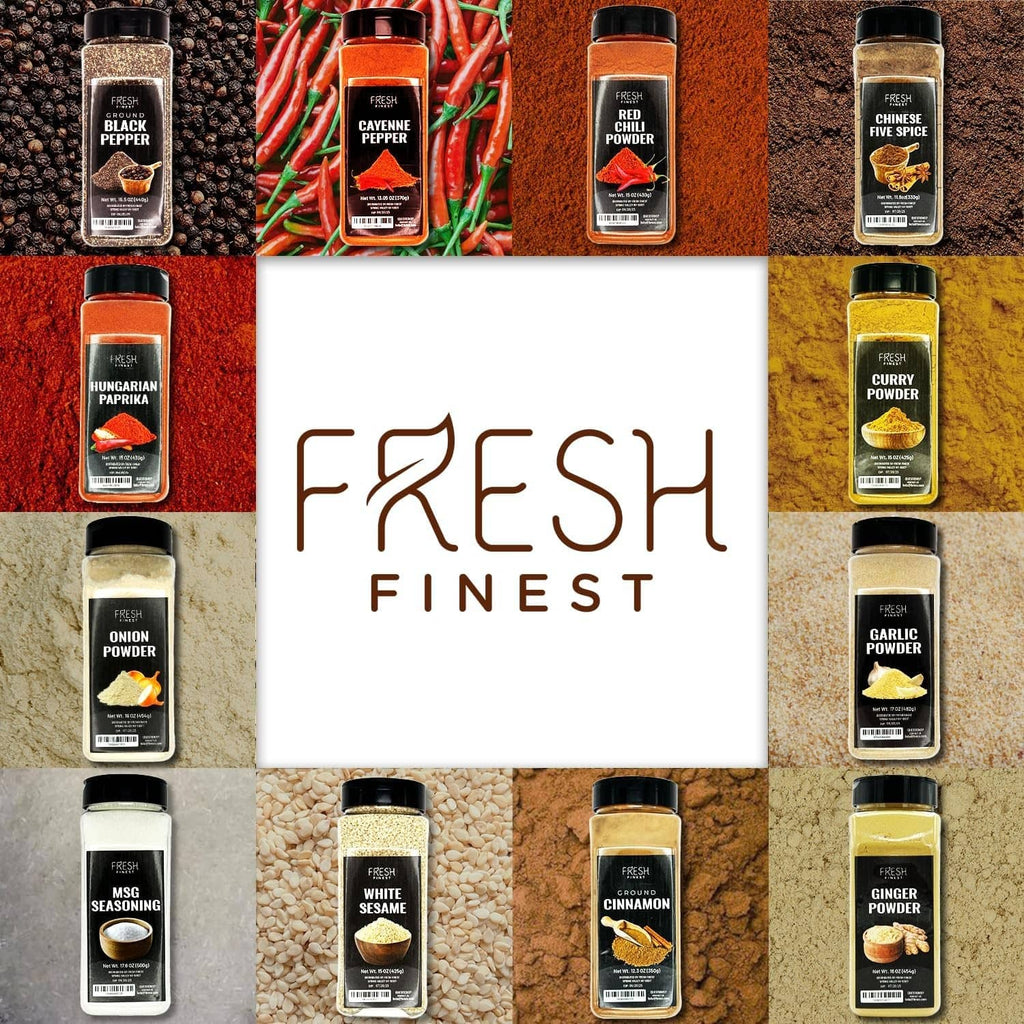 Fresh Finest spice bottles assortment with 'Fresh Finest' logo in center