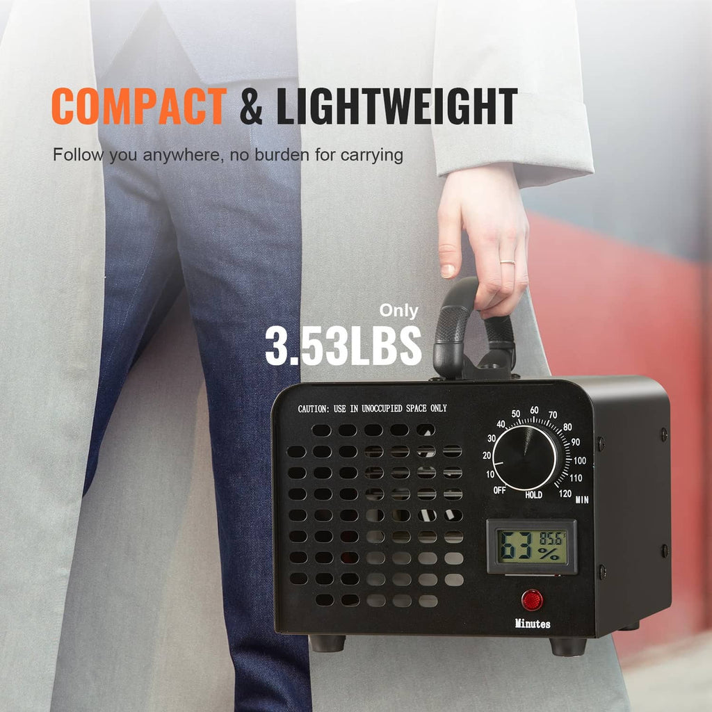 Compact black ozone generator machine with front vents and digital display on side
