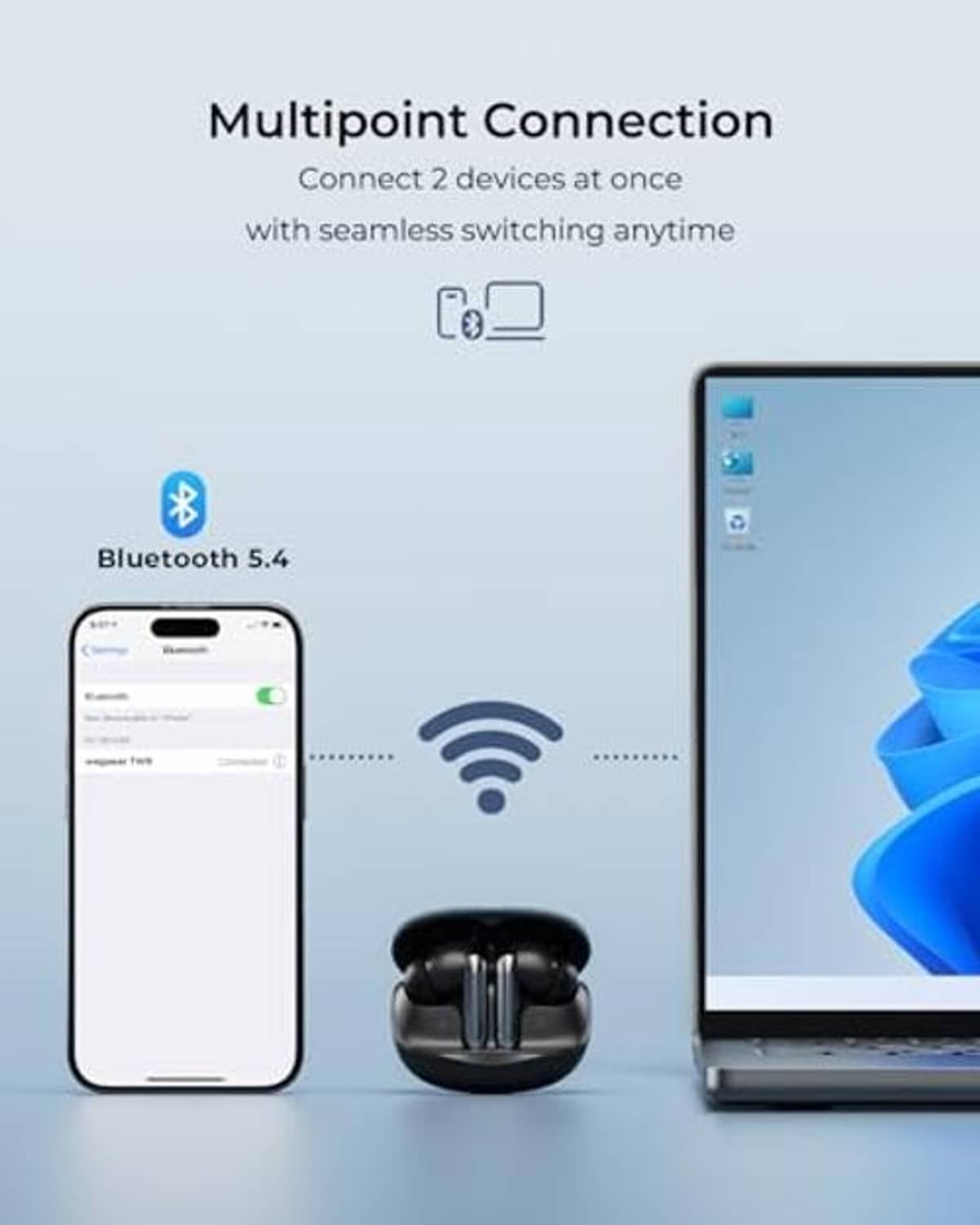 Black wireless earbuds connecting with smartphone and laptop, multipoint icon graphic.